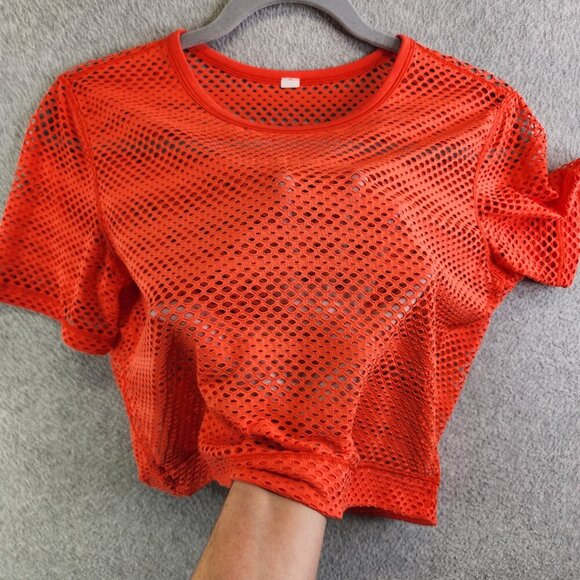 Lululemon Top Womens 8 Sunset Orange Sweat Your Heart Out Crop Mesh Netted - Picture 8 of 14